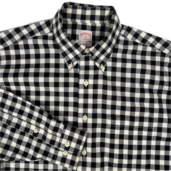 Brooks Brothers 346 Sz Mens M Non-Iron B&W Checked Long-Sleeve Button-Down Shirt - Picture 1 of 12
